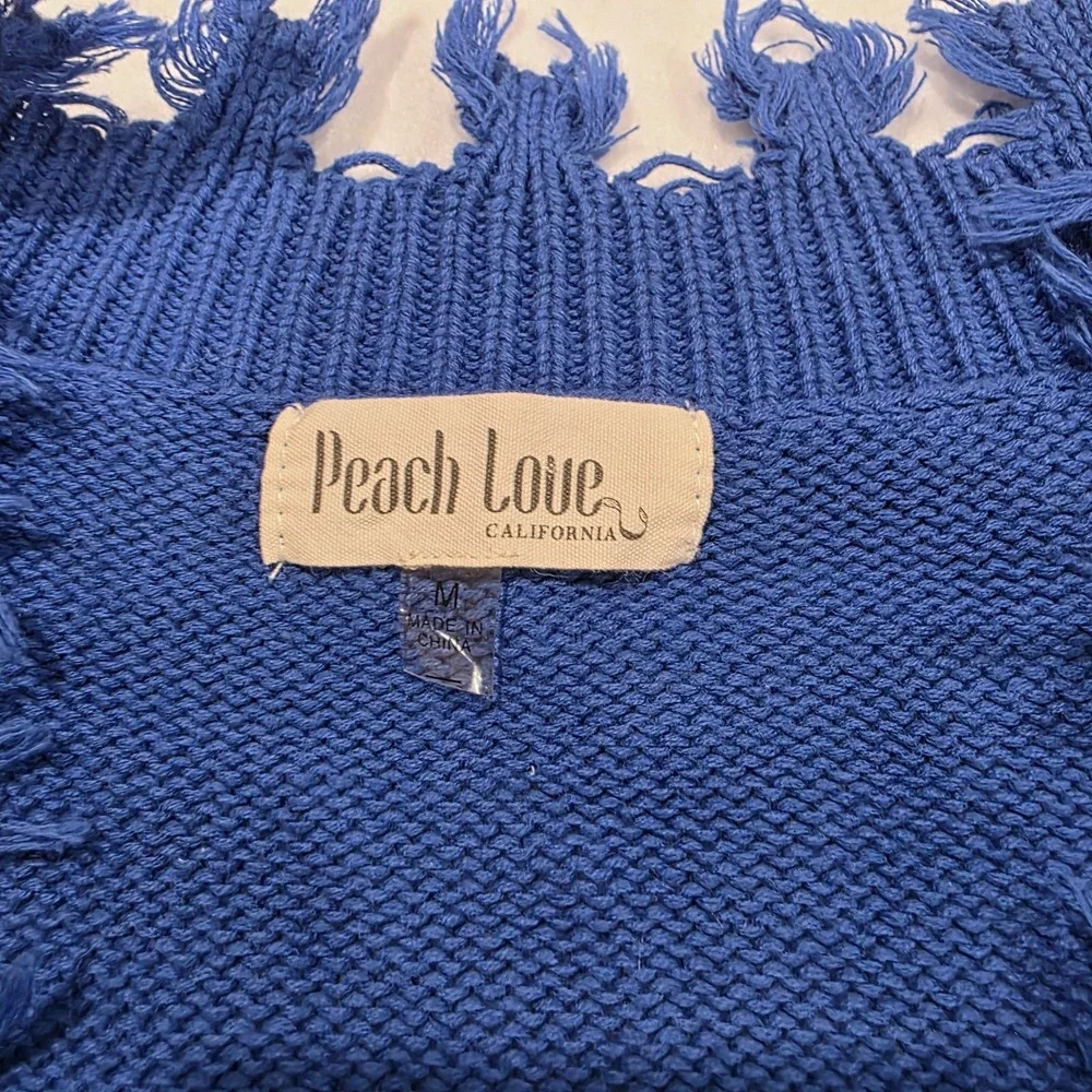 Peach Love California Royal Blue VNeck Sweater M Knit‎ Fringe Grunge Distressed
